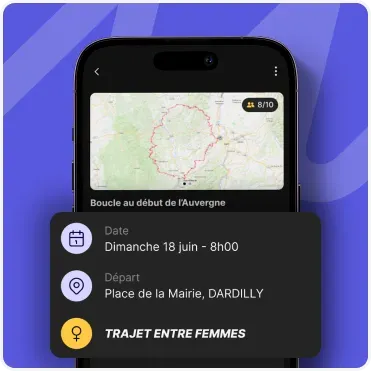 Détail d’une balade moto dans l’application On Wheels avec date, lieu de départ et indication trajet entre femmes