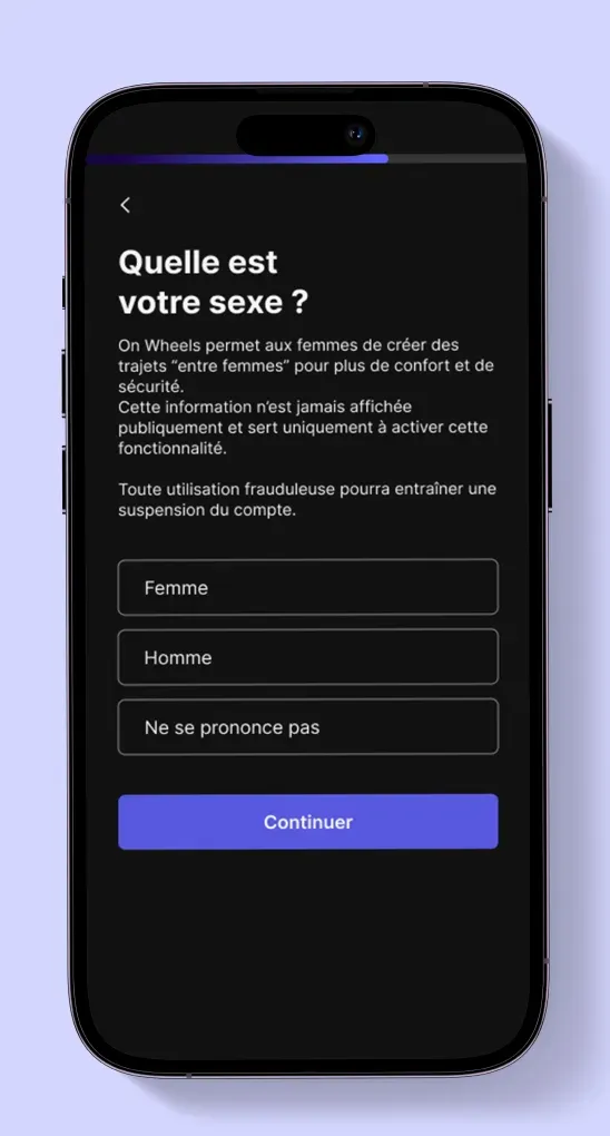 Écran de sélection du sexe sur l’application On Wheels