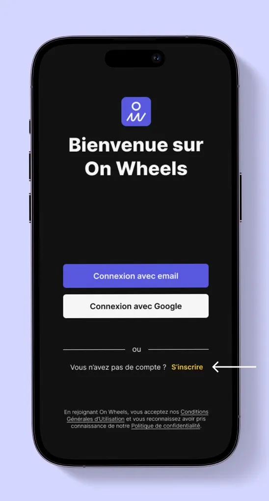 Écran d’accueil de l’application On Wheels avec bouton s’inscrire