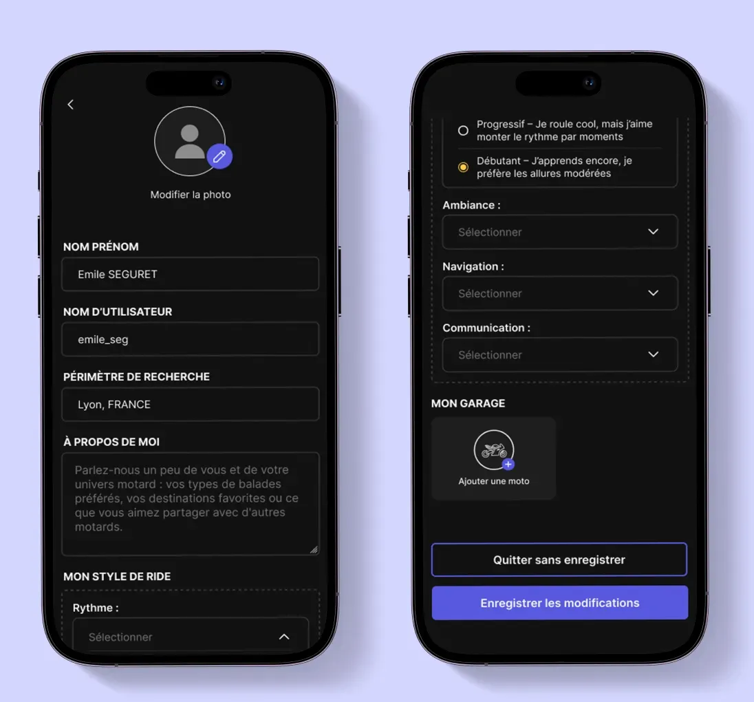 Écran de modification du profil utilisateur sur On Wheels avec informations personnelles et style de ride