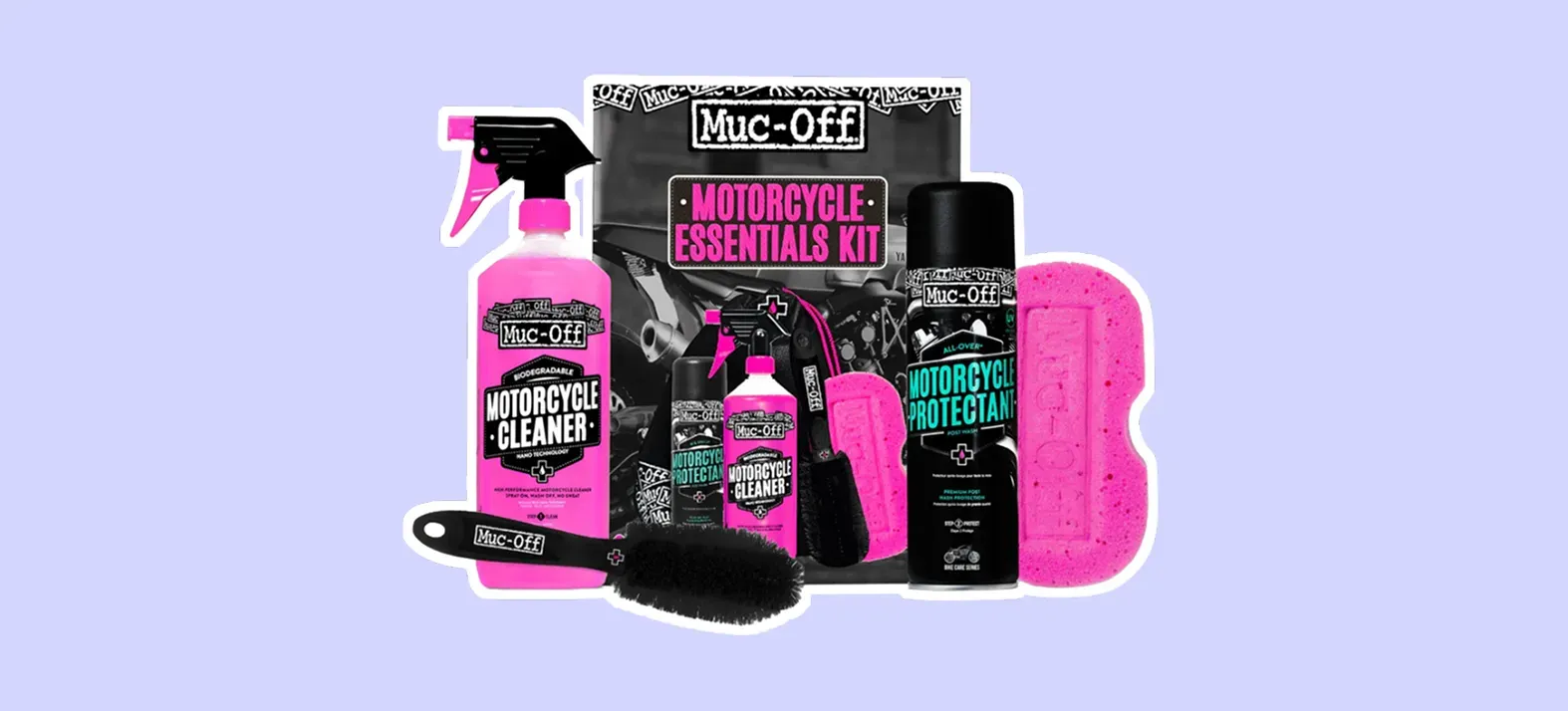 Coffret d’entretien moto Muc-Off Motorcycle Essentials Kit avec nettoyants et accessoires.