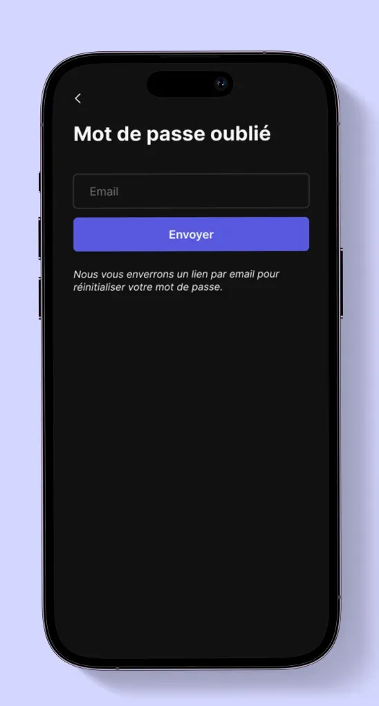 Écran On Wheels pour saisir son email afin de réinitialiser son mot de passe
