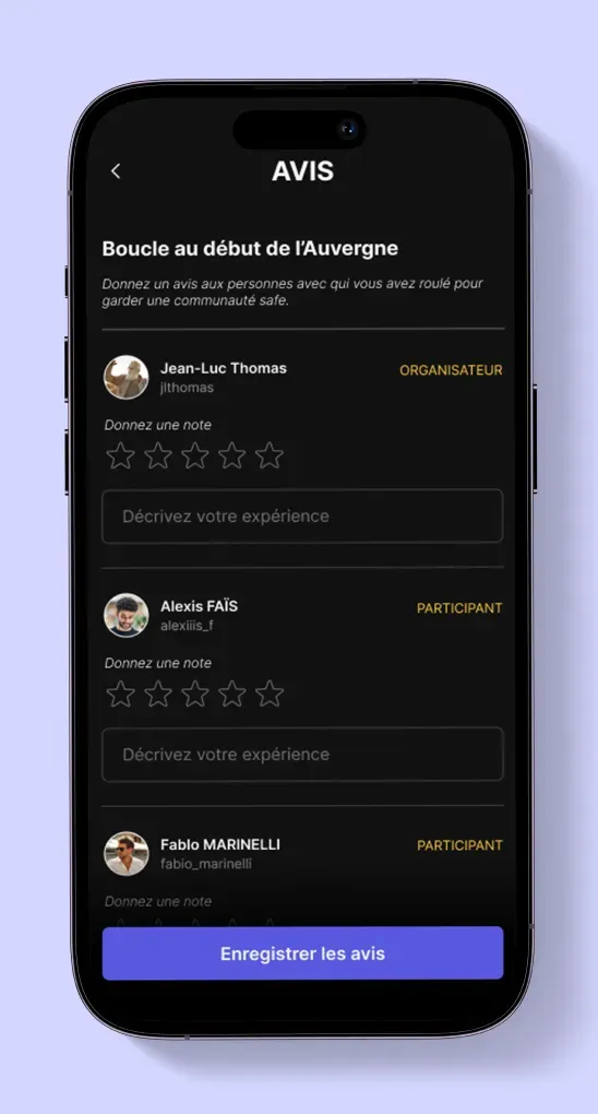 Écran On Wheels pour noter les participants après un trajet avec étoiles et commentaire