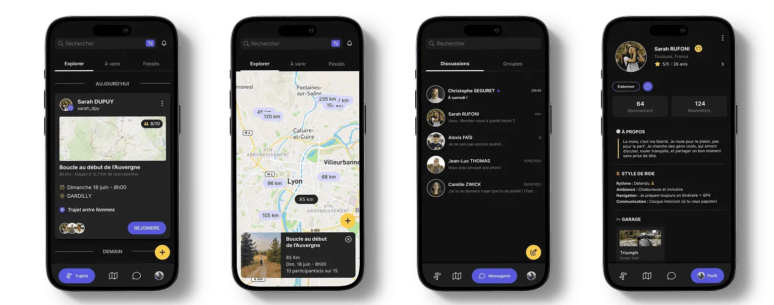Capture d’écran de l’application moto On Wheels montrant la création et le partage de trajets.