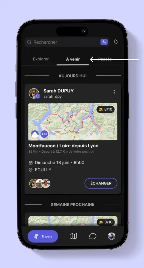 Liste des trajets à venir sur On Wheels avec option de modification d’un trajet