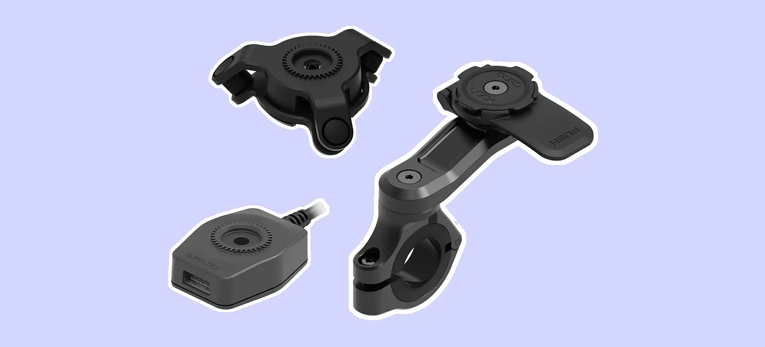 Support et chargeur moto Quad Lock avec amortisseur anti-vibrations pour smartphone.