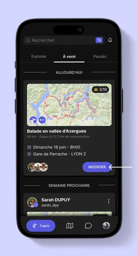 Carte d’un trajet On Wheels avec bouton modifier pour éditer la balade
